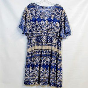 Cassee's Plus Size Abstract Royal Print Above Knee Navy Tan Border Dress Size 2X